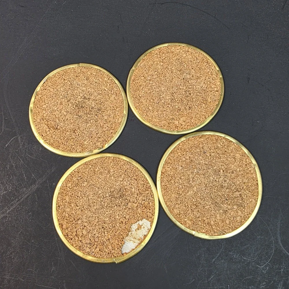 Vintage Capiz Shell Coasters Brass Rim Cork Back Set of 4 Gold Iridescent 3in